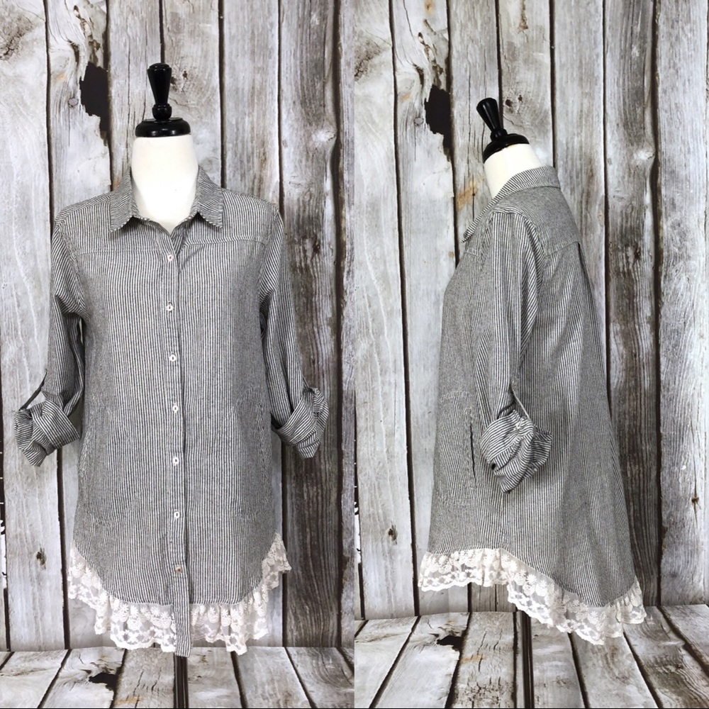 Umgee Striped Button Up Lace Trim Blouse